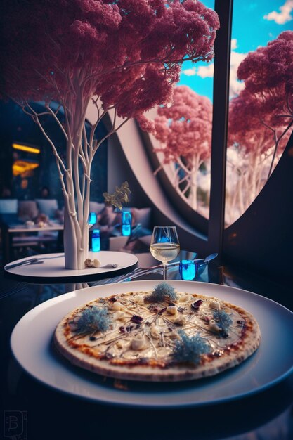 Eine Pizza auf einem Teller mit einem Glas Wein im Hintergrund