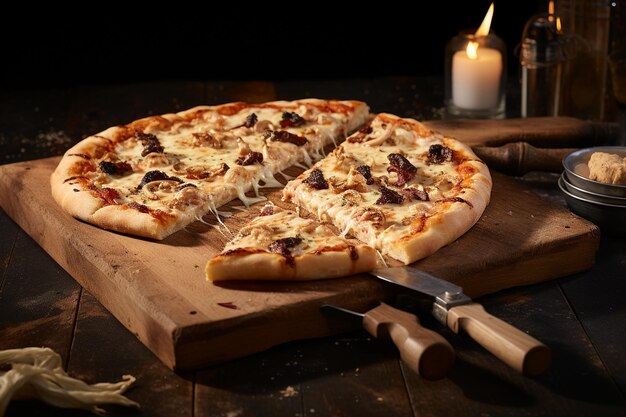 Eine Pizza, die auf einem rustikalen Holzplattchen mit Vintage-Pizza-Messer serviert wird