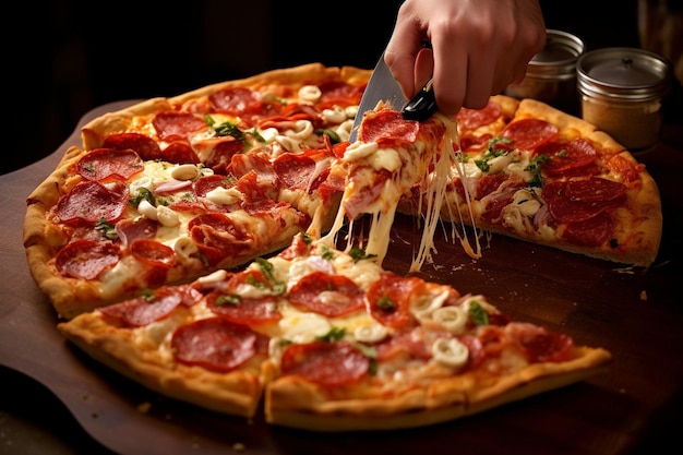 Eine Pizza, die für eine Party in Quadrate geschnitten wird