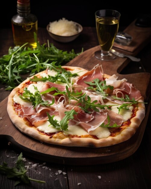 Eine Pizza im rustikalen Stil, die aus der Luft aufgenommen wurde, enthüllt eine leichte und luftige dünne Kruste, die mit cremig-weißer Mozzarella und zarten, auf Papier dünnen Scheiben von gesalzenem Prosciutto geschmückt ist, während