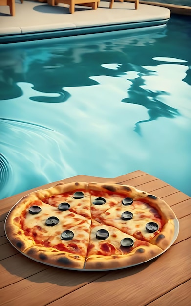 Foto eine pizza in der nähe des schwimmpools auf dem tisch