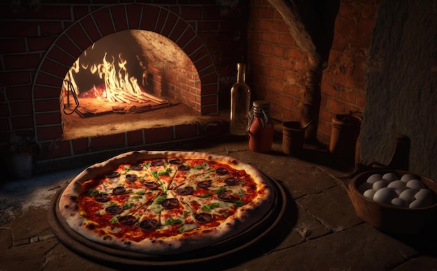 Eine Pizza in einem Holzofen mit einem Feuer im Hintergrund. Italienisches traditionelles Essen. ai generiert