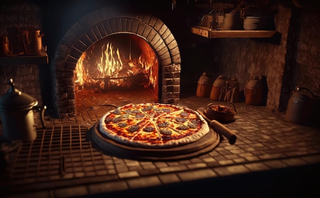 Eine Pizza in einem Holzofen mit einem Feuer im Hintergrund. Italienisches traditionelles Essen. ai generiert