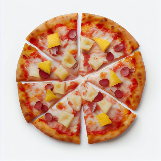 Eine Pizza mit Ananas darauf wird in Scheiben geschnitten