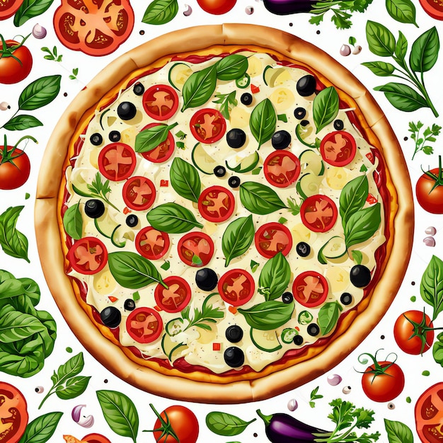 eine Pizza mit einem Bild einer Pizza mit Tomaten, Oliven und schwarzen Oliven