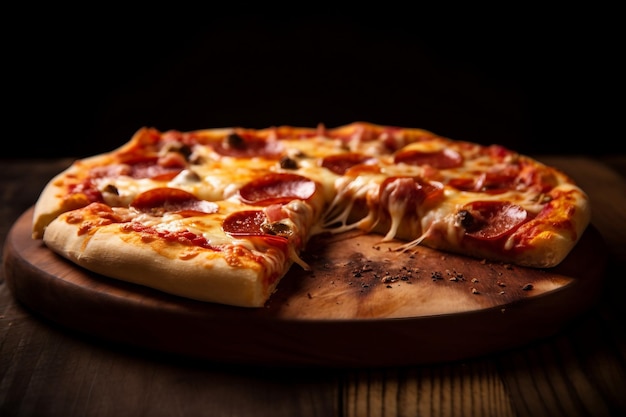 Eine Pizza mit einem fehlenden Stück auf einem Holzbrett