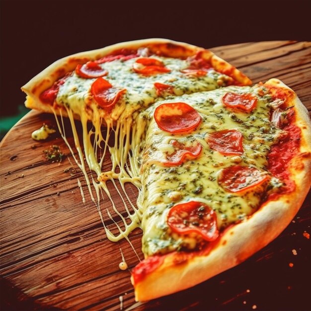 Eine Pizza mit einem fehlenden Stück und dem Wort Pizza darauf