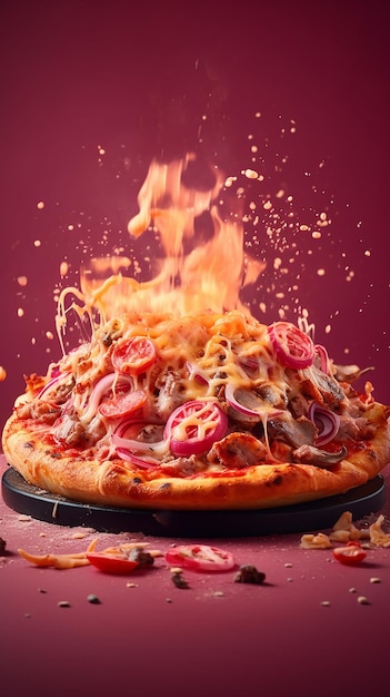 Eine Pizza mit einem Feuer darauf und dem Wort Pizza darauf.