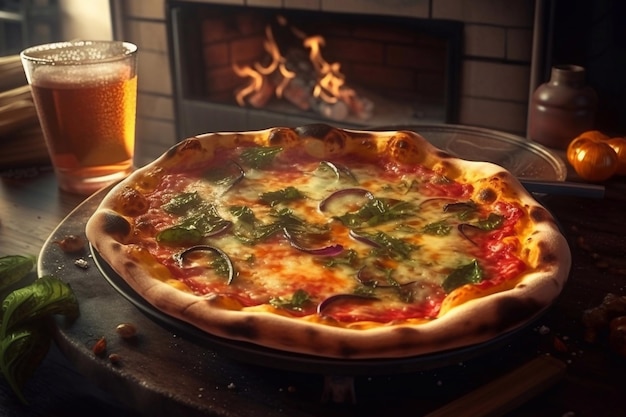 Eine Pizza mit einem Glas Bier daneben