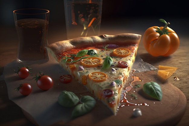 Eine Pizza mit einem Stück Pizza darauf und einem Kürbis auf dem Tisch.