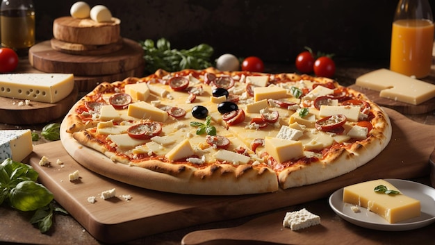 Eine Pizza mit einer Auswahl an handwerklichen Käsesorten, darunter Gouda Cheddar und Parmesan