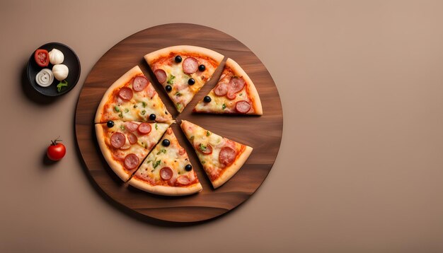 eine Pizza mit einer fehlenden Scheibe steht auf einem Holzbrett