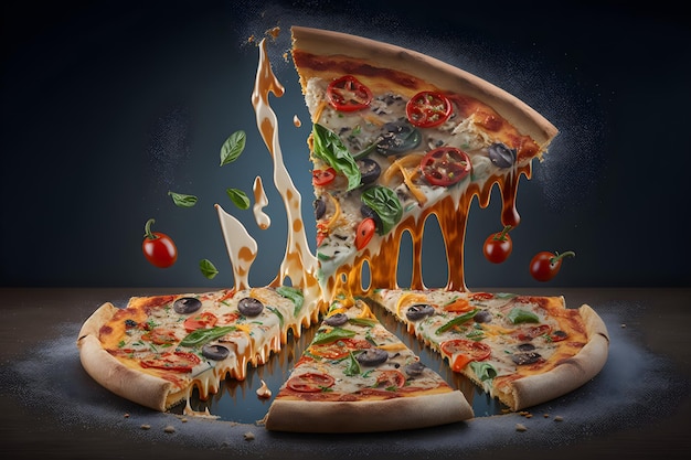 Eine Pizza mit einer Scheibe, die in Scheiben geschnitten wird, und dem Wort Pizza darauf