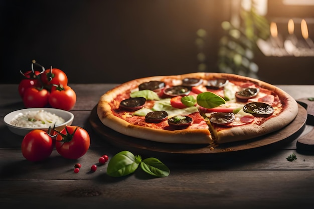 Eine Pizza mit einer Tomatenscheibe und Basilikum auf einem Holztisch