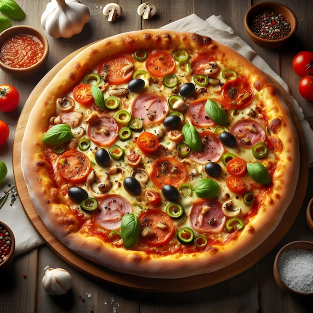 eine Pizza mit einer Vielzahl von Gemüse, darunter Tomaten, Oliven und Paprika