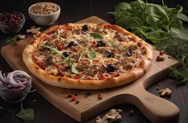 Eine Pizza mit Fleisch, Käse und Oliven auf einem Holzbrett