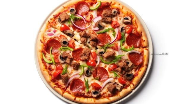 Eine Pizza mit Fleisch, Paprika, Paprika und Paprika auf einer Pfanne.
