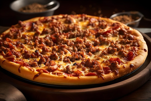 Eine Pizza mit Fleisch und Käse drauf