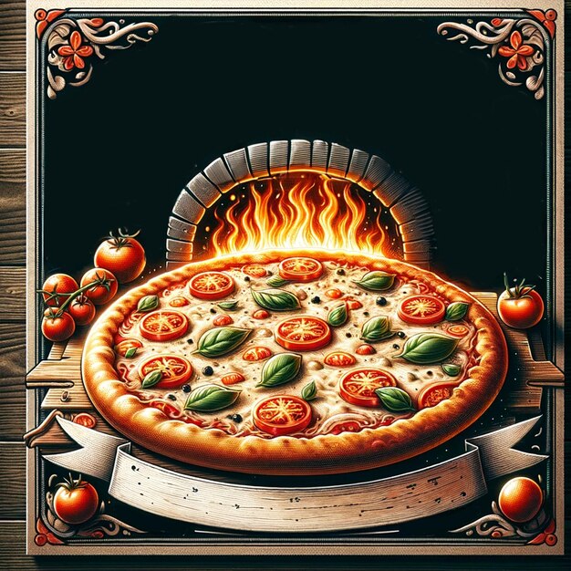 eine Pizza mit Gemüse auf einem Holzplatt und ein Feuer dahinter Für Social-Media-Design-Vorlage