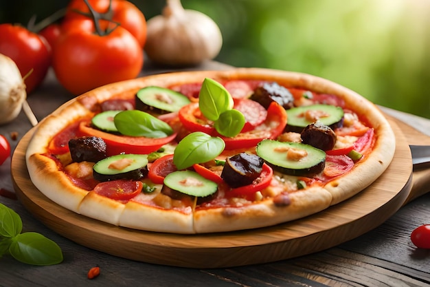 Eine Pizza mit Gurke, Tomate und Basilikum auf einem Holztisch