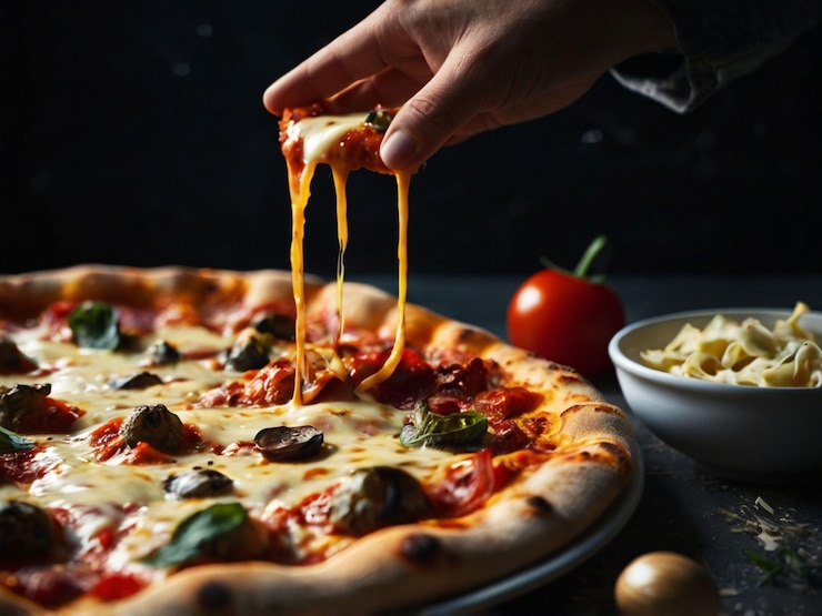 Eine Pizza mit Käse und Fleisch
