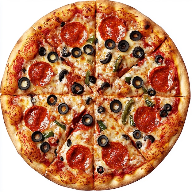 eine Pizza mit Oliven und Pepperoni darauf
