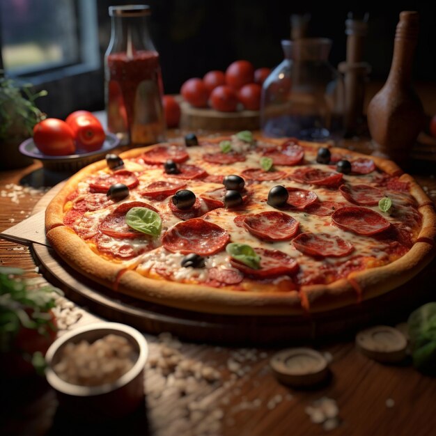 Eine Pizza mit Oliven und Tomaten auf einem Tisch.