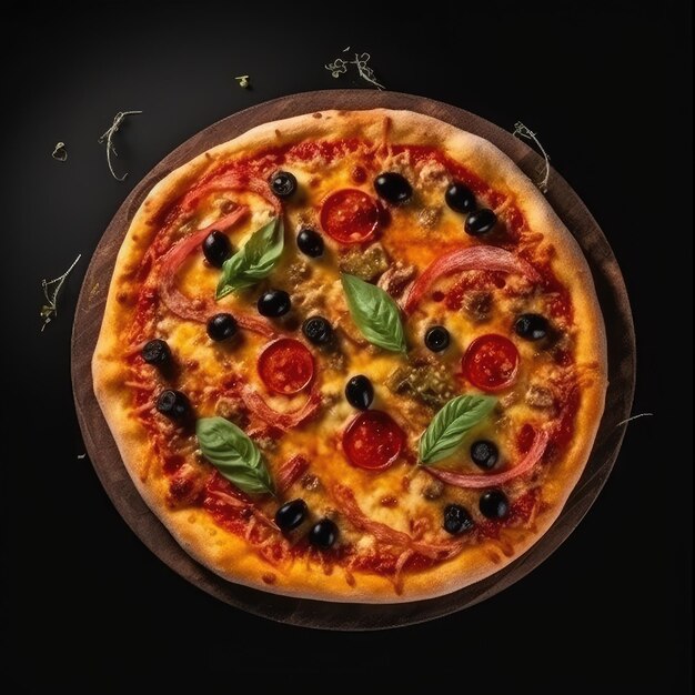 Eine Pizza mit Oliven und Tomaten darauf