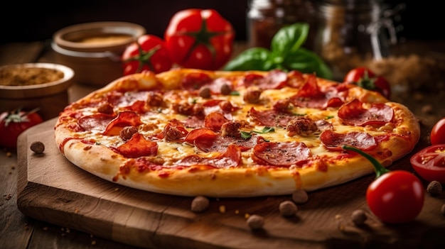 Eine Pizza mit Peperoni darauf auf einem Holzbrett