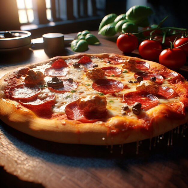 Eine Pizza mit Peperoni und Tomaten auf einem Tisch.