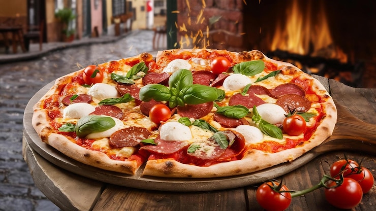 Foto eine pizza mit pepperoni und basilikum darauf