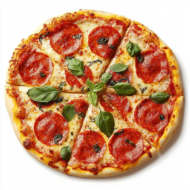 eine Pizza mit Pepperoni und Basilikum darauf