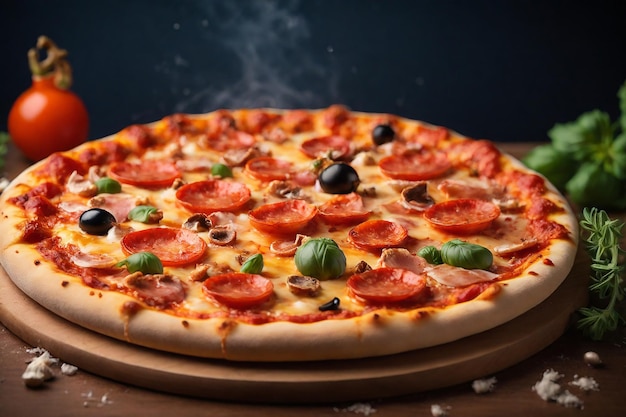 eine Pizza mit Pepperoni und Oliven auf einem Holzplatt