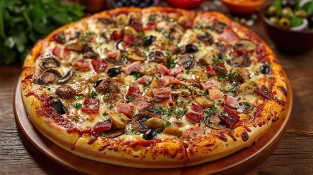 Eine Pizza mit Pilzen, Oliven und anderen Belägen auf einem Holztisch