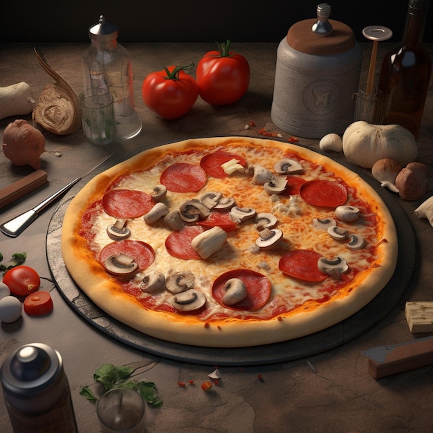 Eine Pizza mit Pilzen und Peperoni darauf