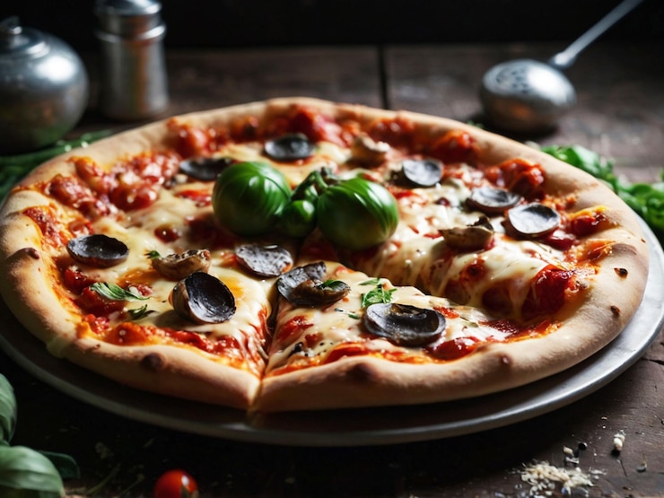 Eine Pizza mit Pilzen und Tomaten