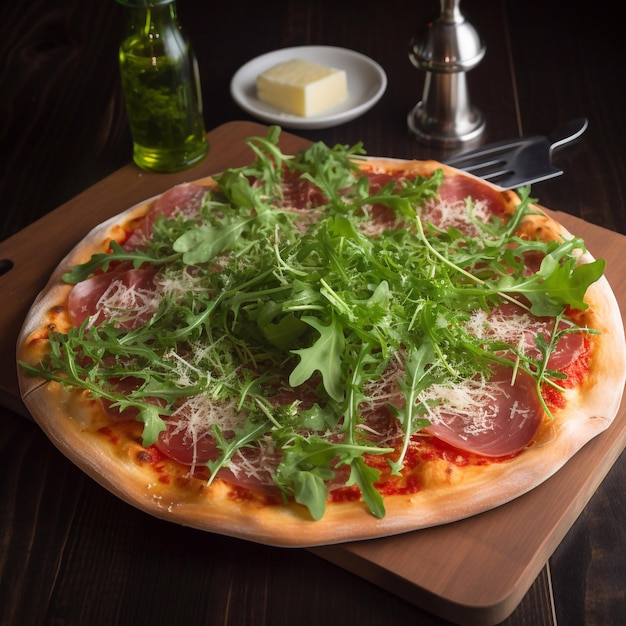 Eine Pizza mit Prosciutto, Rucola und Rucola auf einem Holzschneidebrett.