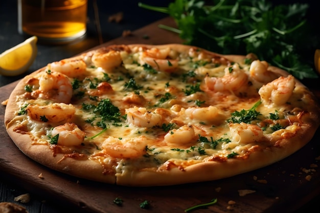 Eine Pizza mit Shrimps drauf und dazu ein Glas Bier.