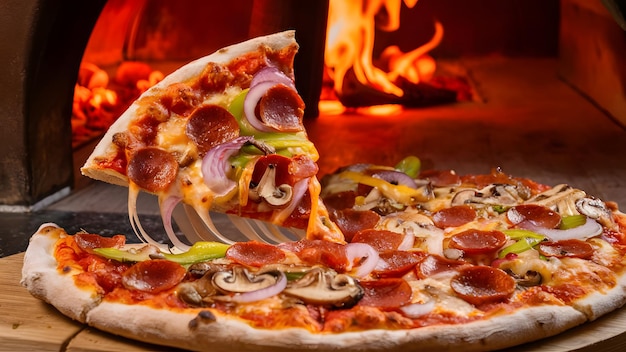 eine Pizza steht auf einem Tablett mit einem Feuer dahinter