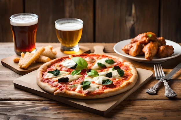 Eine Pizza und Bier auf einem Tisch mit Biergläsern