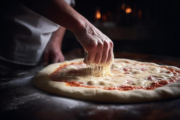 Eine Pizza wird aus dem Ofen gezogen, der Käse streckt sich