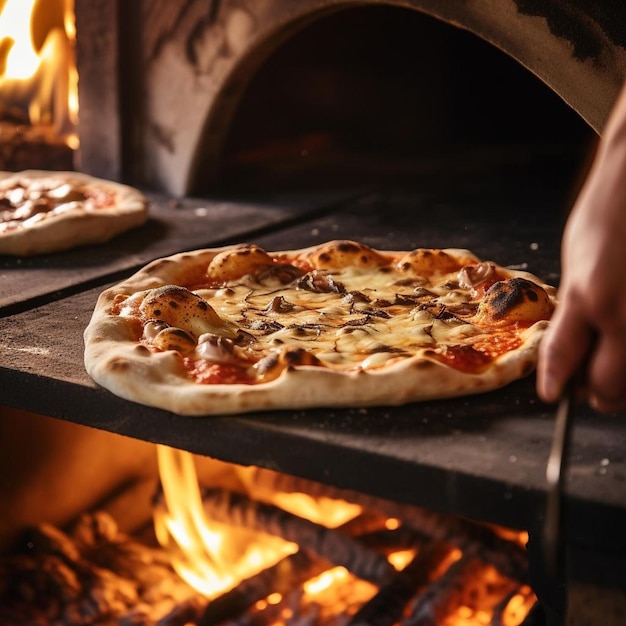 Eine Pizza wird im Ofen mit einem Spatel gebacken.