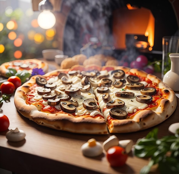 Eine Pizza wird mit Pilzen und Käse auf einem Holztisch in der Küche serviert