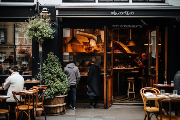 Eine Pizzeria-Patio mit Gästen, die in der Nähe des Ofens sitzen