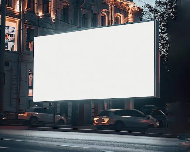 Eine Plakatwand auf einer Stadtstraße mit einem vorbeifahrenden Auto.