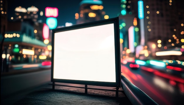 Eine Plakatwand auf einer Stadtstraße mit einer Leuchtreklame im Hintergrund