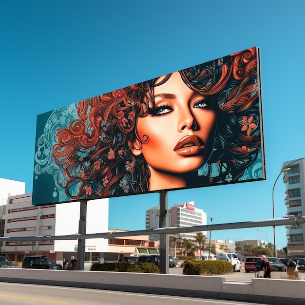 Eine Plakatwand für ein Modemodell zeigt eine Frau mit lockigem Haar.