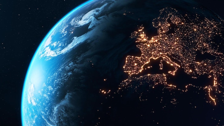 Foto eine planetenerde mit einem blauen planeten und den lichtern der welt.