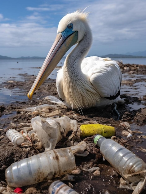 Foto eine plastikflasche im mund eines pelikans das problem der plastikwasserverschmutzung
