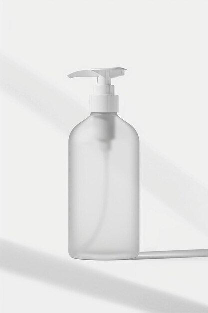 Eine Plastikflasche mit einer weißen Pumpe auf einer weißen Oberfläche